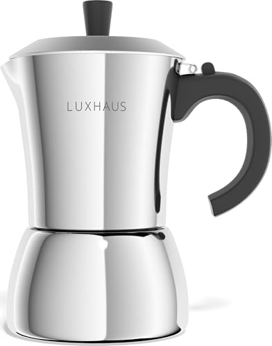 LuxHaus 6 Cup Moka Pot (2oz each cup - 12oz total) Stovetop Espresso Maker - Stainless Steel Italian and Cuban Mocha Coffee Maker - size: 6 Cup