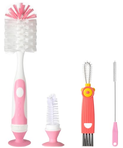 Ariseno 4-in-1 Baby Bottle Brush Set, Including Nylon Bottle Brush, Cap, Straw, Nipple Brushes, BPA-Free (Pink) - color: Pink-nylon