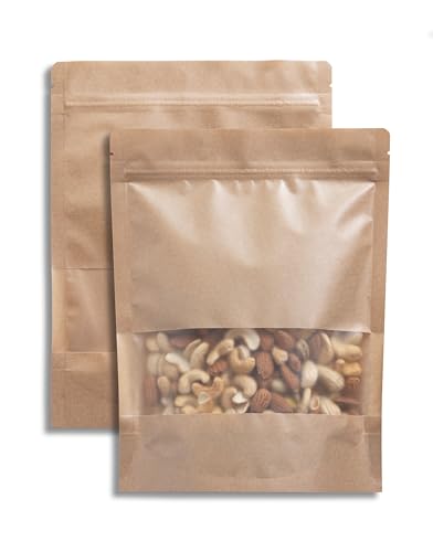 24/7 Bags- 100 Pack, Kraft Paper Stand Up Pouch Bag- 7.8" x 10", Resealable Zip-Lock with Front Window, Zero BPA, Easy Tear Notch, Self Stand Up, Food Grade Interior Coating - size: 7.8"x10"- 100 Count