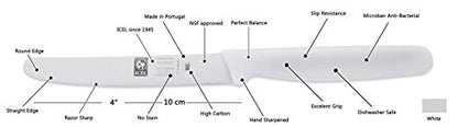ICEL 4.25 Inch Straight Edge Round Tip Paring Knife, High Carbon German Stainless Steel Blade, Factory-Sharp Edge, Non-Slip Textured White Polypropylene Handle - color: White