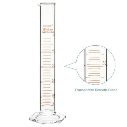 stonylab Graduated Cylinder, 2-Pack B Grade Borosilicate Glass Cylinder with Stable Hexagonal Base, 50 ml - size: 50 ml