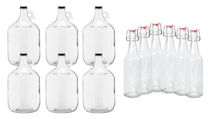 1 Gallon (128 oz) Clear Glass Jugs (Pack of 6) With 38mm Cap with Pack of 6 Clear 16-20oz Growlers with Flip Top Airtight Silicone Seal For Beverages - color: 6 Clear Jug & 6 Clear Growlers
