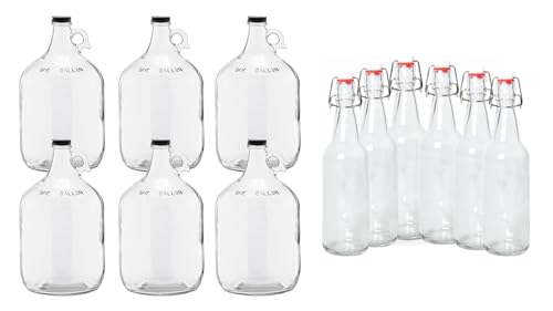 1 Gallon (128 oz) Clear Glass Jugs (Pack of 6) With 38mm Cap with Pack of 6 Clear 16-20oz Growlers with Flip Top Airtight Silicone Seal For Beverages - color: 6 Clear Jug & 6 Clear Growlers