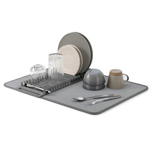 Umbra Udry Dish Rack and Microfiber Drying Mat – Space-Saving Design Folds Up for Easy Storage, Basic Rack, Dark Grey - color: Gray, size: 24" x 18"