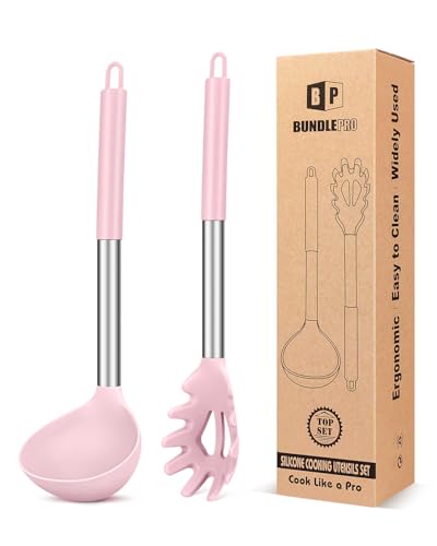 Silicone Pasta Fork and Ladle Spoon Set, Large Non Stick Kitchen Utensils for Cooking,Stirring,Serving Spaghetti, Soup, Sauce (PINK) - color: Pink