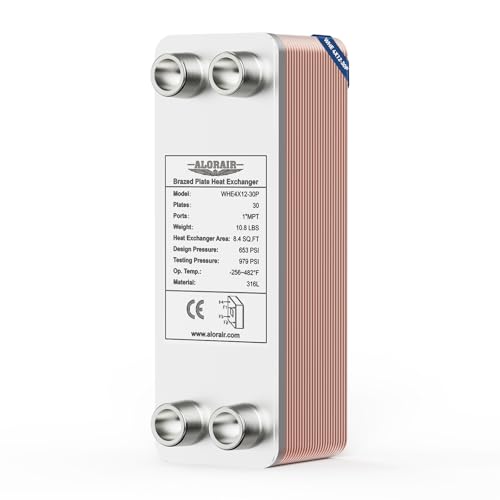 ALORAIR 4"x12" 30 Plates Heat Exchanger with 1" MPT Port,316L Stainless Steel Water to Water Brazed Plate Heat Exchanger for Floor Heating, Water Heating, Commercial and Industrial Refrigeration - size: WHE4X12-30P