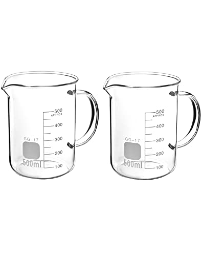QWORK Beaker with Handle, 500ml Measuring Cup, Borosilicate Glass,Beaker Mug with Pouring Spout, 2 Pack