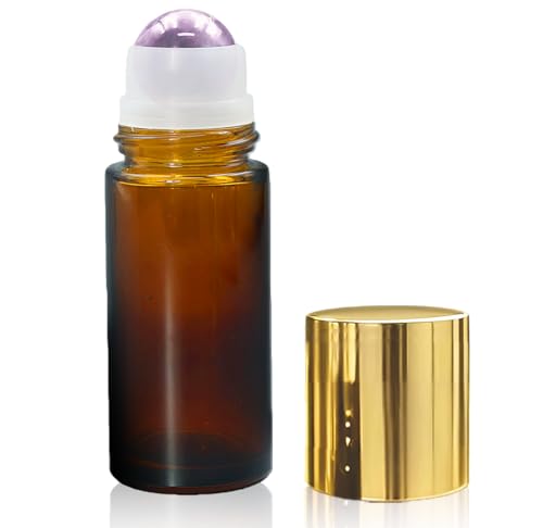 Amethyst Roller Bottles for Essential Oils, 50ml Refillable Amber Glass Roll On Bottles with Natural Crystal Roller Balls, Leak-Proof Travel Perfume Bottle with Gold Caps - color: Purple