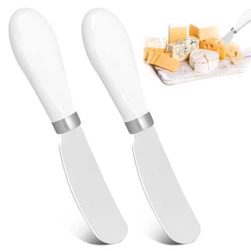 2 Pcs Butter Knife Stainless Steel Butter Spreader Knife with White Porcelain Handle for Spreading Jam, Pastry and Cold Butter Multipurpose Kitchen Gadget, Silver