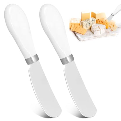 2 Pcs Butter Knife Stainless Steel Butter Spreader Knife with White Porcelain Handle for Spreading Jam, Pastry and Cold Butter Multipurpose Kitchen Gadget, Silver