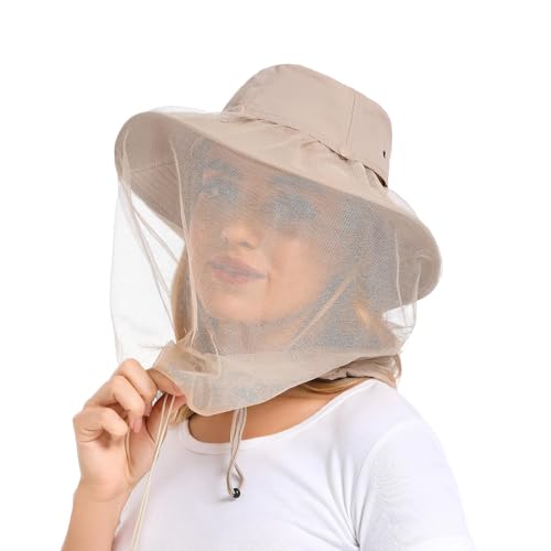 Mosquito Head Net Hat UPF 50+ Sun Protection Bug Hat for Men Women | Sun Visor Style, Perfect for Safari, Hiking, Beekeeping, Camping & Gardening - color: Beige