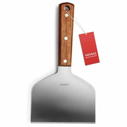 Vovoly Extra Wide Griddle Scraper, 5.5''x5.5'' Smashed Burger Scraper Grill Scraper Spatula Burger Turner - Full Tang Wooden Handle Professional Grade Grill Accessories, Knife Grade Stainless Steel - color: Grill Scraper_Wooden Handle
