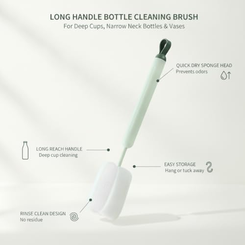 Long Handle Bottle Cleaning Brush with Soft Sponge Head for Deep Cups, Narrow Neck Bottles & Vases - 13 Inch - color: Green