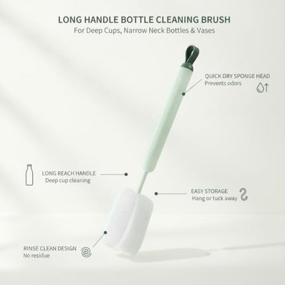 Long Handle Bottle Cleaning Brush with Soft Sponge Head for Deep Cups, Narrow Neck Bottles & Vases - 13 Inch - color: Green