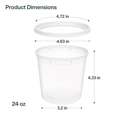 24oz [240 set] Heavy Duty Plastic Deli Container | BPA-Free Food Storage with Airtight Leak‑Proof Lids | Microwave, Freezer & Dishwasher Safe – Stackable, Bulk Reusable Soup & Meal Prep Tub