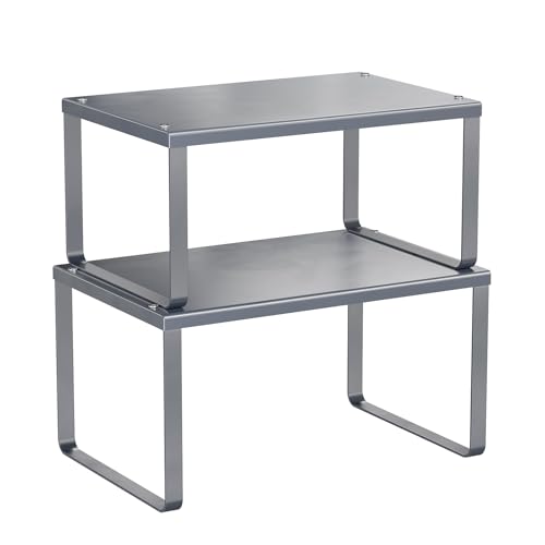 Simple Trending Cabinet Organizer Shelf, Set of 2 Kitchen Counter Shelves, Kitchen Storage, Stackable, Expandable, Metal Spice Rack for Cupboard, Bathroom, Desk, Pantry, Silver - color: Silver