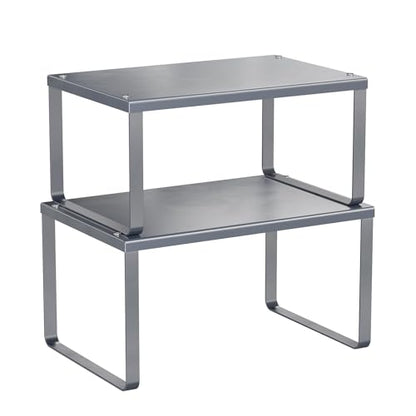 Simple Trending Cabinet Organizer Shelf, Set of 2 Kitchen Counter Shelves, Kitchen Storage, Stackable, Expandable, Metal Spice Rack for Cupboard, Bathroom, Desk, Pantry, Silver - color: Silver