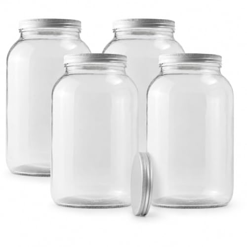 FastRack 4-Pack 1 Gallon Glass Jar with 5 Airtight Metal Lids (1 Extra Bonus Lid) | Wide Mouth Jars for Fermenting, Pickling, Sourdough Starter, and Home Brewing | Heavy Duty Food Storage Canisters - size: 4 Pack