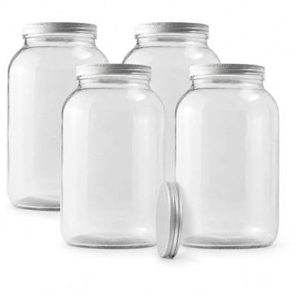 FastRack 4-Pack 1 Gallon Glass Jar with 5 Airtight Metal Lids (1 Extra Bonus Lid) | Wide Mouth Jars for Fermenting, Pickling, Sourdough Starter, and Home Brewing | Heavy Duty Food Storage Canisters - size: 4 Pack