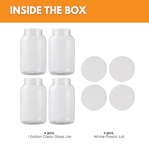FastRack 1 Gallon Glass Storage Jars with Airtight Lids (Pack of 4) | Wide Mouth Glass Canisters for Food Storage, Fermentation, Pickling & Canning - size: 4 Pack