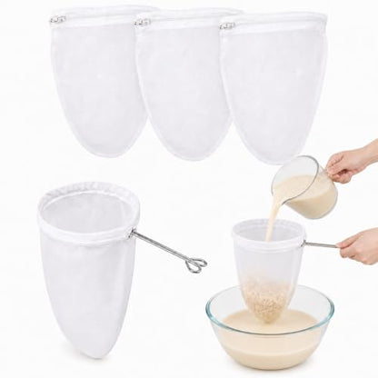 RAINFLOW Ultra Fine Mesh Strainer Bags - 3 Pcs Nut Milk Bag Reusable, Cheese Cloth Bag for Straining, Fine Mesh Strainer for Milk, Coffee, Juice, Yogurt, Stainless Steel Handle, Kitchen Filter Bags