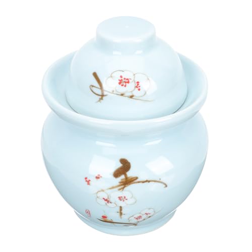 Ceramic Pickle Jar with Double Lid 3l Sauerkraut Storage Jar Traditional Sichuan Kimchi Sealed Crock for Kitchen Food Storage Blue Plum Blossom Pattern