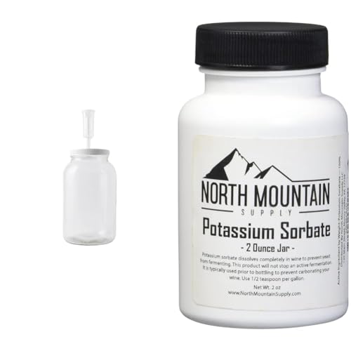 FastRack - Wide Mouth Glass Jar with Lid and Econolock Airlock, Large, 1 Gallon, Clear & North Mountain Supply Food Grade Potassium Sorbate Stabilizer - 2 Ounce Jar
