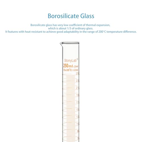 stonylab Graduated Cylinder, 2-Pack B Grade Borosilicate Glass Cylinder with Stable Hexagonal Base, 250 ml - size: 250 ml