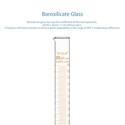 stonylab Graduated Cylinder, 2-Pack B Grade Borosilicate Glass Cylinder with Stable Hexagonal Base, 250 ml - size: 250 ml