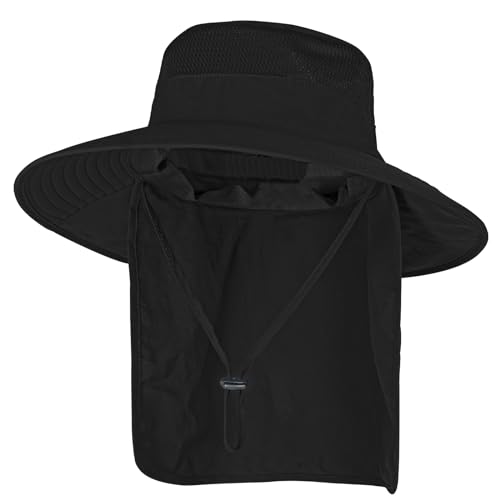 Sun Hats for Men Women Fishing Hat UPF 50+ Breathable Wide Brim Bucket Hats Summer UV Protection Safari Hat with Neck Flap - color: Black