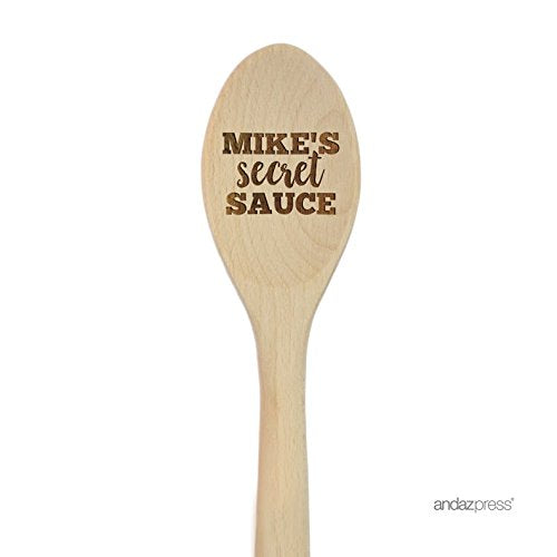 Andaz Press Personalized Laser Engraved Wooden Mixing Spoon, 12-inch, Mike's Secret Sauce, 1-Pack, Custom Name - color: Custom Secret Sauce