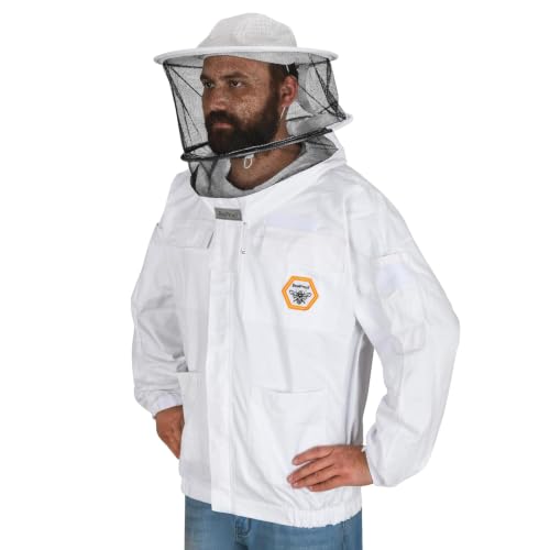 Beekeeping Jacket with Round Veil - Breathable Cotton Beekeeper Suit with YKK Zippers & Protective Hood (BP-102-White)-L - color: White Round Veil, size: Large