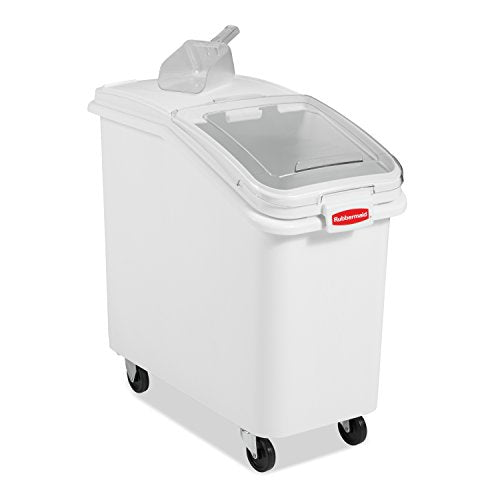 Rubbermaid Commercial Products ProSave Shelf-Storage Ingredient Bin With Scoop 500-Cup capacity Plastic White Sliding Lid Container with Wheels for Kitchen/Restaurant Food Organization - size: 500 Cup