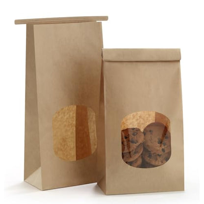 BagDream Bakery Bags with Window 100pcs 4.5x2.36x9.6 Inches Window Tin Tie Tab Lock Kraft Brown Paper Bags for Coffee Bean, Cookies, Treat, Snack - color: Brown