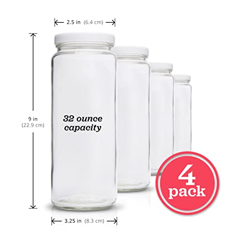 All About Juicing Glass Bottles Set - 32 oz Jars, 4 Pack Wide Mouth with Lids for Juice, Smoothies, Water, Milks, Beverage Storage - Large Jug, Clear, Durable, Reusable, Dishwasher Safe, Leak Proof - color: 32oz White Caps