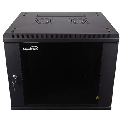 NavePoint 9U Server Cabinet Wall Mount Rack Enclosure Includes 2 Fans, Locking Glass Door, Removable Side Panels – 9U Network Cabinet 17.7” Deep, 19 Inch Server Rack for IT and A/V Equipment - size: 9U - 450mm Depth
