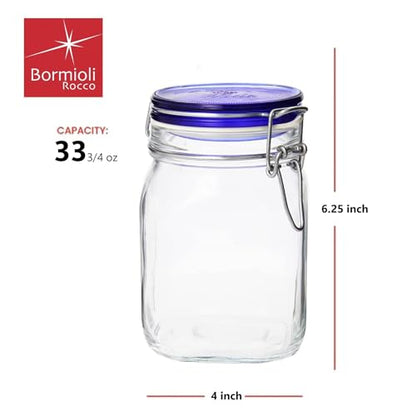 Bormioli Rocco Fido Collection, 2 Pack, 33¾ Oz. Food Storage Glass Jars, Airtight Rubber Seal & Glass Lid, With Stainless Wire Clamp, Made In Italy. - size: 33.75 oz