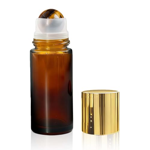 Tiger's Eye Roller Bottles for Essential Oils, 50ml Refillable Amber Glass Roll On Bottles with Natural Crystal Roller Balls, Leak-Proof Travel Perfume Bottle with Gold Caps - color: Tiger's Eye