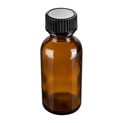 Restaurantware Vetri 1 Ounce Boston Glass Bottles, 48 Sample Bottles With Black Phenolic Caps - Dishwashable, Round, Amber Glass Bottle, For Potion, Juice, Ginger Shots, Whiskey, Liquids - color: Amber, size: 1 oz