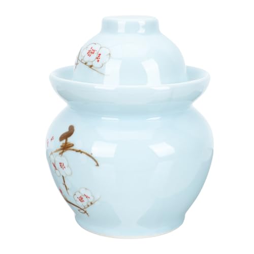 Ceramic Pickle Jar with Dual Lids 3l Sealed Kimchi Storage Crock Traditional Sichuan Sauerkraut Fermentation Jar Household Food Container with Plum Blossom Pattern for Kitchen Use