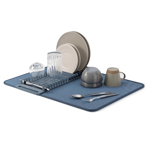 Umbra Udry Dish Rack and Microfiber Drying Mat – Space-Saving Design Folds Up for Easy Storage, Basic Rack, Slate Blue - color: Slate Blue, size: 24" x 18"