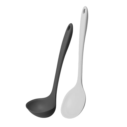 Kitchen Mama DuoEssentials Ladle & Cooking Spoon Set, Metal Gray | Silicone, Heat Resistant, One-Piece Design, For Nonstick Cookware, For Soup, Stirring, Serving & Sauteing - color: Metal Gray