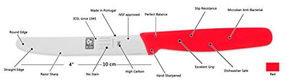ICEL 4.25 Inch Straight Edge Round Tip Paring Knife, High Carbon German Stainless Steel Blade, Factory-Sharp Edge, Non-Slip Textured Red Polypropylene Handle - color: Red