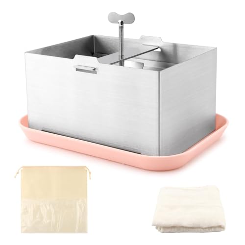 Tofu Press Stainless Steel with Tofu Presser Towel and Drip Tray for Homemade Tofu, DIY Paneer Maker Vegan Cheese Press Kitchen Tool with Adjustable Pressure