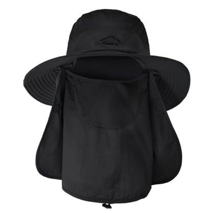 Sun Hats for Men Women Fishing Hat UPF 50+ Breathable Wide Brim Summer UV Protection Hat - color: Black(with Face Cover & Neck Flap )