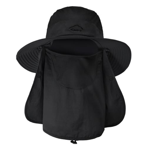 Sun Hats for Men Women Fishing Hat UPF 50+ Breathable Wide Brim Summer UV Protection Hat - color: Black(with Face Cover & Neck Flap )