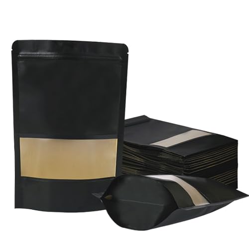 100 PCS Resealable Bags, Stand Up Kraft Paper Bags with Matte Window, Zipper Lock Food Storage Bags for Small Business and Home, 5.9x9 Inch Reusable Sealable Bags for Packaging - Black - color: Black,5.91*9.05 inches