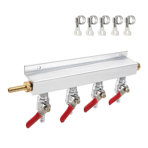 4-Way Gas Manifold CO2 Distributor Manifold 5/16 inch Barb/Stem Splitter Beer Integrated Check Valves Homebrew Beer Making Brewing Tool-CO2 gas input at LEFT side+5CLAMPS - color: 4WAY,GAS INPUT AT LEFT