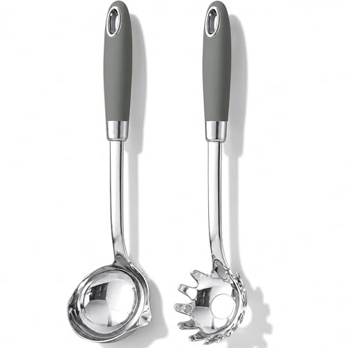 18/10 Stainless Steel Soup Ladle and Pasta Server Set, 2-Piece | Premium 18/10 stainless steel soup ladle and pasta server with ergonomic heat-resistant handles for everyday cooking. - color: Gray