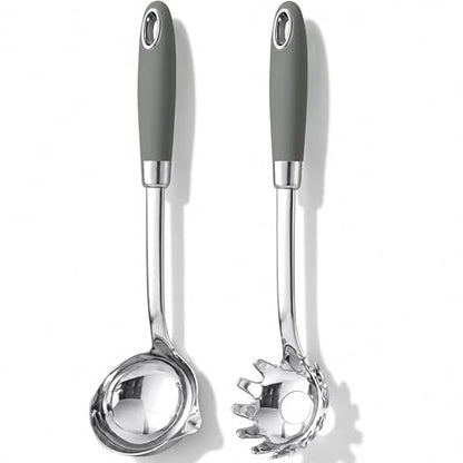 18/10 Stainless Steel Soup Ladle and Pasta Server Set, 2-Piece | Premium 18/10 stainless steel soup ladle and pasta server with ergonomic heat-resistant handles for everyday cooking. - color: Gray